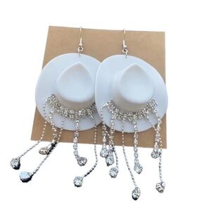 Acrylic White Cowboy and Rhinestone Drop Style Earrings